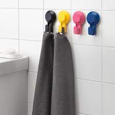 If you have a smaller bathroom, and a large family using it, towel hangers, towel rings, or simple hooks are a better option. Tisken Hook With Suction Cup Mixed Colours Ikea