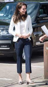 See pictures and shop the latest fashion and style trends of kate middleton, including kate middleton wearing wide leg pants, slacks, skinny pants and more. Kate Middleton In The White Blazer And Navy Pants In London At The 1851 Trust Roadshow Vogue