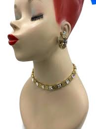 Vintage Les Bernard Gold Plated Inlaid Crystal Choker Necklace & Clip  Earrings Cielo AH39