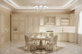 Te otorgara un ambiente fresco y agradable y te permiten tener las mesas redondas de pie central único son ideales para mesas fijas, es muy importante la calidad del pie para que sea estable y segura. Ilustracion 3d De Cocina Clasica Beige Con Una Mesa Redonda Fotos Retratos Imagenes Y Fotografia De Archivo Libres De Derecho Image 87586765