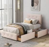 Lit enfant 90 x 200 cm avec sommier à lattes, dossier et deux tiroirs en  velours beige doux pour la peau, lit jeune (beige foncé)