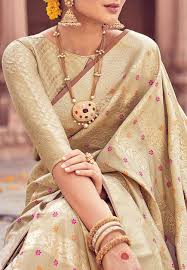 Banarasi Saree In Beige Blouse Designs Indian Saree Look Silk Saree Blouse Designs
