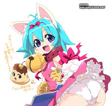 onija taro, pururin, nhk ni youkoso!, aliasing, 00s, 1girl, ahoge, animal  ears, ass, bell, blue hair, blush, blush stickers, bow, cat ears, collar,  dress, fang, food, gloves, happy, jingle bell, looking at