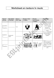 Print the worksheet about musical instruments and complete the exercises to help you practise your english! English Worksheets Texture In Music