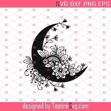 Download Moon With Mandala And Flowers Svg Moon Svg Floral Moon Svg Crescent Moon Svg Eps Dxf Png Cricut Silhouette Toponesvg