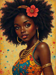 Mørk hud jente med afro og store trekk