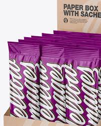 Download Opened Box W 20 Glossy Sachets In Sachet Mockups On Yellow Images Object Mockups PSD Mockup Templates