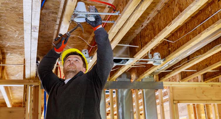 Fitter mounting a ceiling fan in a Woolwich SE18 living room