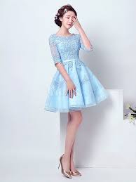 Pastel Blue Homecoming Dress Lace Applique Beaded Prom Dress Jewel Half Sleeve A Line Knee L Blue Homecoming Dresses Knee Length Cocktail Dress Evening Dresses