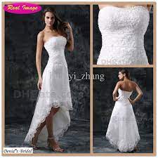 Wholesale Beach A Line Wedding Dresses Bridal Gowns Strapless Beaded Lace Appiques Tulle Hi Lo Hi Wedding Dresses High Low Wedding Dresses Wedding Dresses Lace