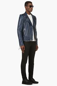 Blk Dnm Navy Blue Leather Iconic Motorcycle Jacket Ssense Black Leather Fringe Jacket Leather Jacket Men Fringe Leather Jacket