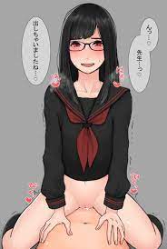 1boy absurdres black hair black serafuku blush bottomless clothed  female nude male cowgirl position female glasses highres kitte (kittesan)  long hair nude original red eyes school uniform serafuku sex