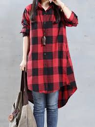 Plus Size Casual Women Loose Plaid Lapel Long Sleeve High Low Shirts