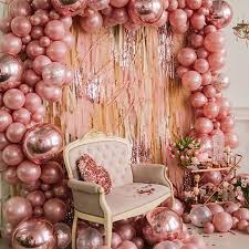 Rose Gold Balloon Party Backdrop With Neon Fringe Decor Partydecor Balloondecorations Regram Via Gold Birthday Party Rose Gold Party 18th Birthday Party