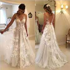 Beach Vestido De Noiva 2018 Wedding Dresses A Line V Neck Tulle Lace Backless Dubai Arabic Backless Bridal Gowns Boho Bridal Gowns Boho Wedding Dress Backless