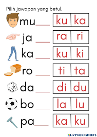 Sesuai dengan murid prasekolah, di dalam latihan ini turut menyediakan elemen kartun yang dapat menarik perhatian. Suku Kata 1 Interactive Worksheet