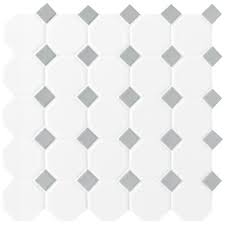 Dot mosaic pieces have glossy finish with high sheen and abrasion resistance is suitable for dry and level floor applications not subject to outside foot traffic, like bathroom floors. Mohawk Vivant Matte White Gray Dot 12 X 12 Octagon Ceramic Mosaic Tile At Menards