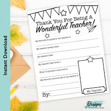 Thank You Teacher Fill-in-the-blank Letter for Students With Coloring and  Drawing Space