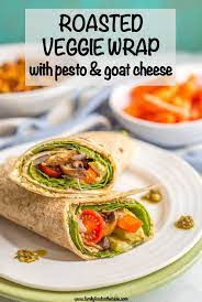 This Roasted Veggie Wrap With Pesto And Goat Cheese Is The Ultimate In Lunchtime Satisfaction This Ve Veggie Wraps Wraps Recipes Healthy Vegan Recipes Healthy