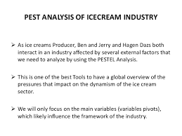The framework examines opportunities and threats due to political, economic, social, and technological forces. Ice Cream Industry