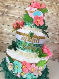 Aloha Baby Shower Centerpiece Hawaiian Diaper Cake Tropical Baby Shower Ideas Baby Shower In 2020 Hawaiian Baby Showers Baby Shower Centerpieces Luau Baby Showers