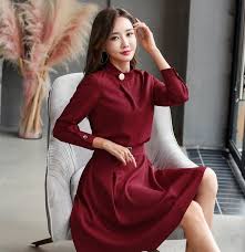 New Burgundy Long Sleeve Knee Length Belted Women Dress Wine Red Autumn Fall Long Sleeve Casual Dress Fashion Chic Fall Outfits