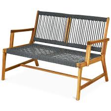 Retro rattan back bar stools generally display classic chrome legs and built in footrest. Topbuy 2 Person Outdoor Acacia Wood Bench Patio Loveseat Rope Bench Grey Walmart Com Walmart Com