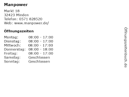 Seit 1965 ist manpower als personaldienstleister erfolgreich in deutschland. á… Offnungszeiten Manpower Markt 18 In Minden