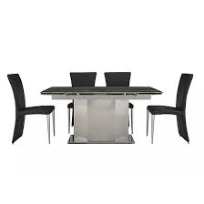 Supporting the tabletop, the shiny stainless steel base designed with interlaced circles achieves a balance between strength and grace. Santino Extendable Marble Dining Table With 6 Black Chairs Lovehomestyle