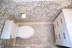 She stuck a piece of glass like a transom near the ceiling, exposing the old plaster. House Of Harper Reveals Her Powder Room Decor Powder Room Decor Basketweave Tile Bathroom Marble Tile Floor
