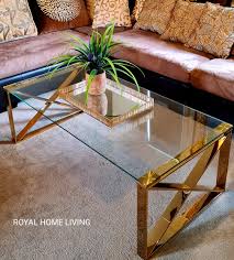 8) glass top coffee table with sleek brass metal legs, gold. Buy Coffee Table Gold Glass Rectangle Melbourne Royal Home Living