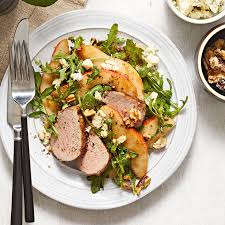 Arugula Salad With Roasted Pork Tenderloin Pears Blue Cheese Recipe Eatingwell Blue Cheese Recipes Pork Roast Arugula Salad
