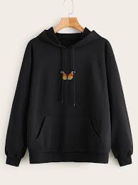 Butterfly Embroidery Black Hoodie Romwe Usa In 2020 Trendy Hoodies Clothes Drawstring Hoodie
