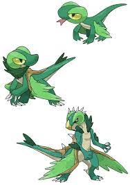 It has a long green tail, which curls up. Gleafard Lizaero Reptiling Pokemon Pokemon Fusion Art Pokemon Drawings
