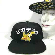 New Pokemon Pikachu Snapback Hat Black Yellow White Katakana Kanji Japanese Mens Ebay Black Yellow And White Black N Yellow Pokemon Pikachu