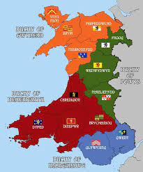 Relief shading and the use of different colours by height above sea level are both. Map With The Flags Of The Counties Of Wales Map Gyda Baneri Siroedd Cymru While These Are Definitely Regions Of W Wales Map Map Of Britain Historical Maps