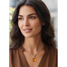 Vintage Czech Amber Glass Pendant Necklace Hexagon Beads Retro Art Deco  Style