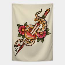 Maybe you would like to learn more about one of these? American Traditional Heart Snake Dagger Tattoo Tapisserie Teepublic De