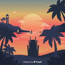 Sunset or sunrise in ocean, nature landscape. Free Vector Beach Sunset Landscape Background