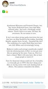 Opinions on this? There is hardly any buzz for Parineeti and Ayushmanns  latest releases : rBollyBlindsNGossip