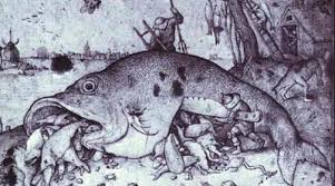 The existence of small fish as much as the big ones and their continuation of their lives in the sea show that swallowing and being swallowed is not unchecked, and the fact that fish. File Pieter Bruegel The Elder Big Fish Eat Little Fish Jpg Wikimedia Commons