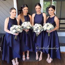 Weddings Onpoint On Instagram How Stunning Are These Navy Blue Bridesmaids Navy Blue Bridesmaid Dresses High Low Bridesmaid Dresses Satin Bridesmaid Dresses