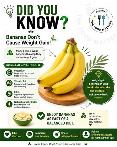 🍌 Bananas Don't Cause Weight Gain! Many people avoid bananas thinking they  cause weight gain. ✓ Bananas are naturally rich in: * Potassium * Vitamin  B6 * Fibre * Natural carbohydrates for