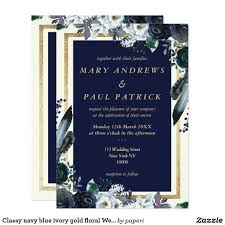 Classy Navy Blue Ivory Gold Floral Wedding Invitation Wedding Invitations Blue Wedding Invitations Navy Blue Wedding Invitations