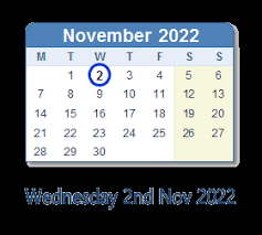 November 2 2022 Calendar With Holiday Info And Count Down Ind