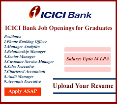 I was placed through campus placement. Career Jobs Comment Interested Icici Bank Job Openings For Graduates Positions 1 Phone Banking Officer 2 Manager Analytics 3 Relationship Manager 4 Senior Manager 5 Customer Service Manager 6 Sales Executive 7 Chartered Accountant 8 Audit Manager 9