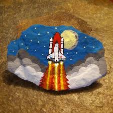 Space Shuttle Rocket Launch Painted Rock Rock Painting Art Rock Painting Designs Hand Painted Rocks