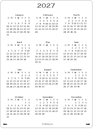 Yearly 2027 calendar with holidays, moon and week numbers (portrait). 2027 Calendar