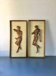 Vintage Carved Wood Man Woman Framed Wall Art Mcm Retro Boho Decor Carved Wood Wall Art Frames On Wall Wood Wall Art