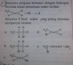 Reaksi di atas mengikuti aturan markonikov, tetapi jika pada reaksi alkena dan alkuna ditambahkan peroksida maka. Senyawa Propena Bereaksi Dengan Hidrogen Bromida Sesuai Persamaan Reaksi Berikut Brainly Co Id